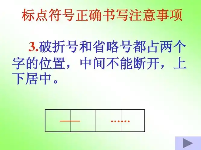 破折号和省略号都占两个 字的位置,中间不能断开,上 下居中.