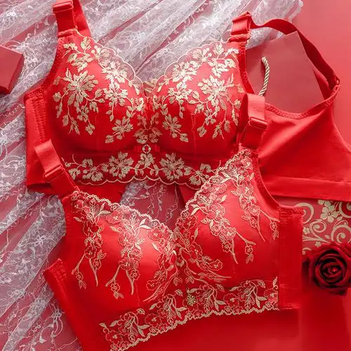 本命年红色结婚新娘文胸套装