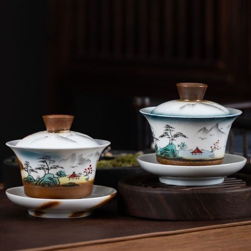 柴烧釉手绘三才盖碗创意家用大小号泡茶盖碗功夫茶具天地人茶碗