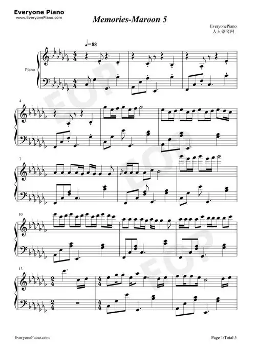 memories-maroon 5五线谱预览1
