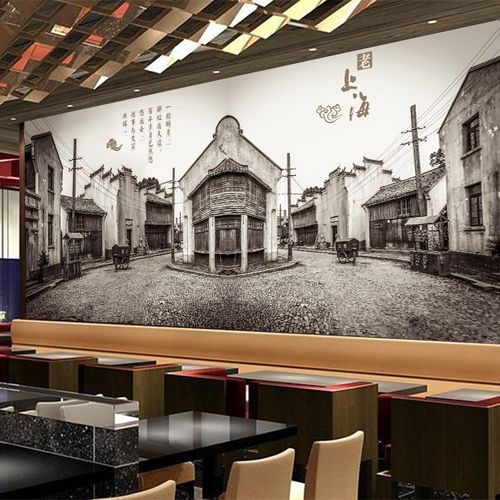 复古老上海街景壁纸民国时期怀旧建筑街巷摄影墙纸酒店火锅店壁画