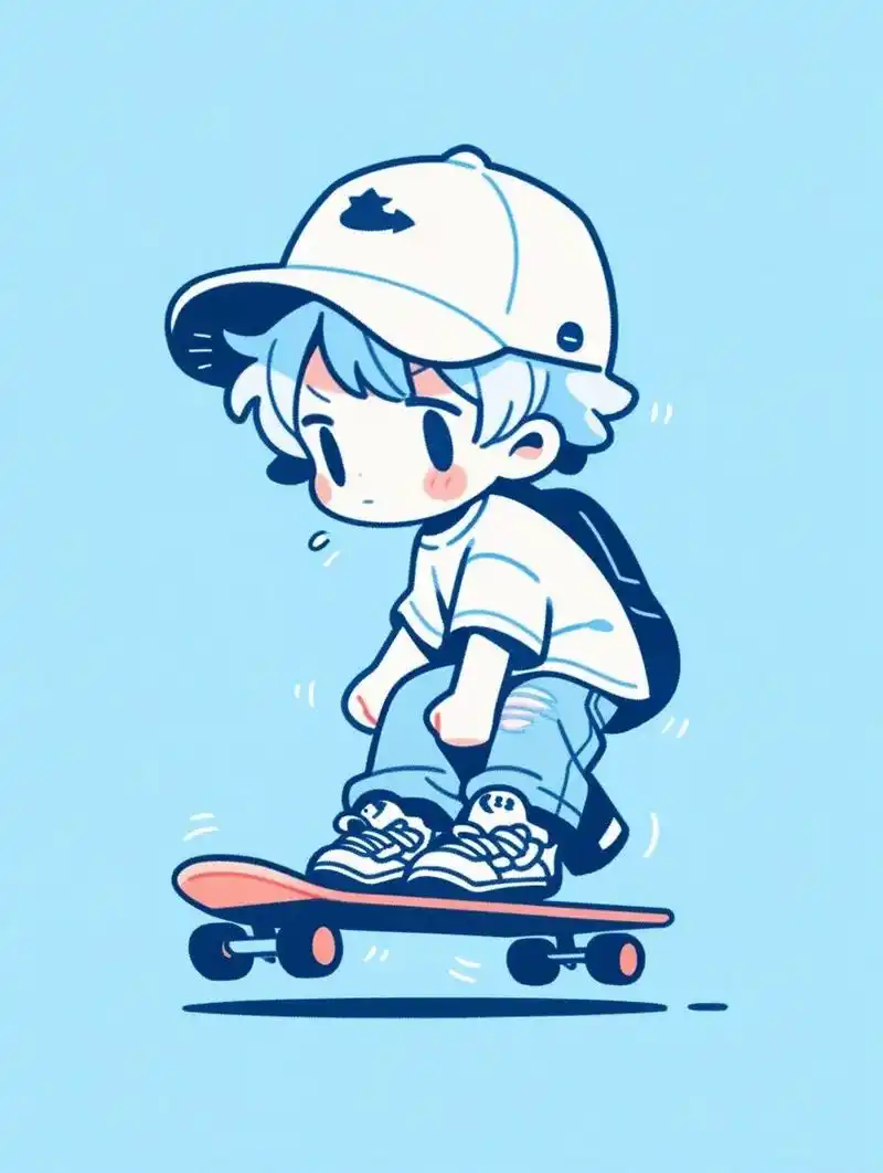 midjourney 简笔画,骑滑板的少年