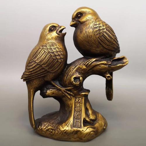 喜上眉梢双喜临门新婚礼品家用风水装饰创意摆件仿古做旧纯铜喜鹊