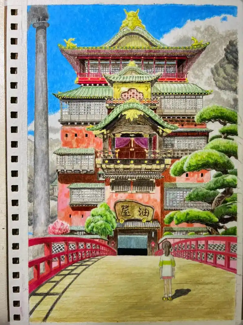 彩铅千与千寻汤屋,爆肝40个小时,太久没触碰建筑类题材,感觉 - 抖音