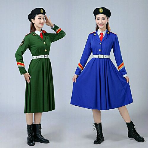 舞蹈服装纯色弹力军旅广场舞服装女兵服仪仗队服长裙合唱套装