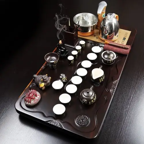 整板黑檀木吉祥如意茶盘功夫茶具套装全自动四合一原矿紫砂黑陶龙纹冰