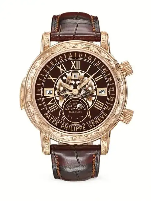 6002r天文陀飞轮的前身为百达翡丽2001年创作的5002天文陀飞轮,这款表