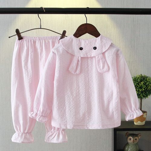 2020春夏新款儿童棉纱睡衣套装女童纯色家居服宝宝开衫空调服薄款