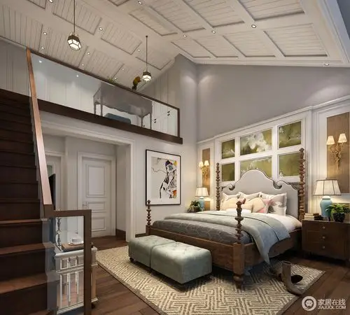 装修图库 人字形的白色条木天花板拉伸了空间的高度,避免二层书房高度