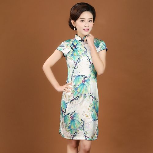 真丝旗袍短款修身连衣裙女夏春装复古改良时尚日常桑蚕丝斜襟短袖