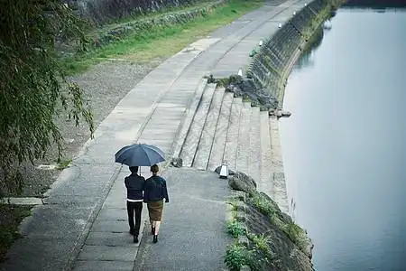 夫妇旅行雨中漫步照图片素材
