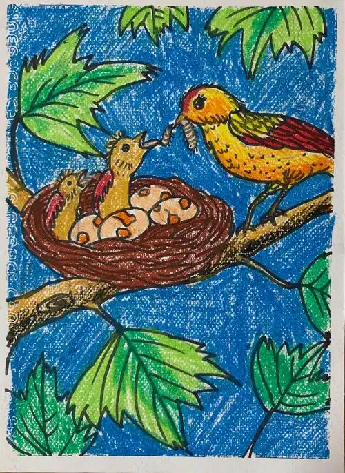 树枝上的鸟巢-油画棒