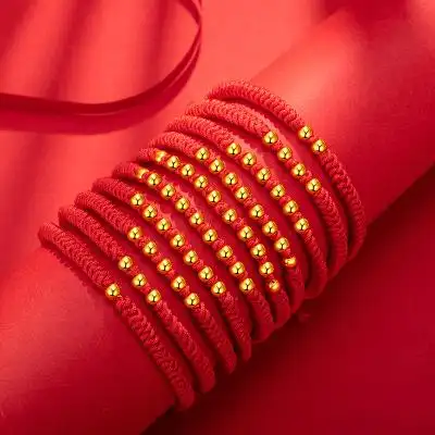 老庙黄金 硬金五福同享红绳手链多款式