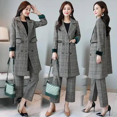 格子套装女女士秋季新品修身时尚大气显瘦高雅气质两件套长裤子潮