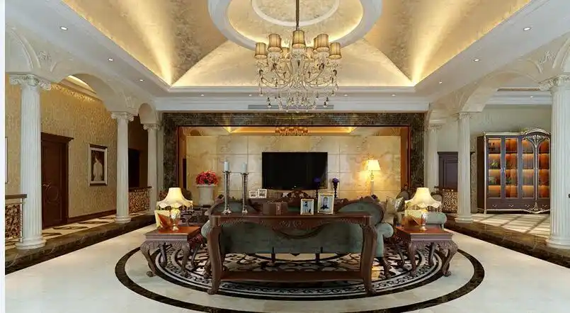 园生态小区奢华欧式80平米大客厅罗马柱中空半圆吊顶复古家装效果图
