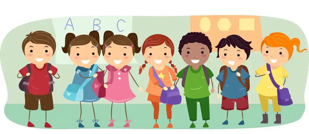 学校的孩子,学校孩子们整齐地排列在一行中的插图