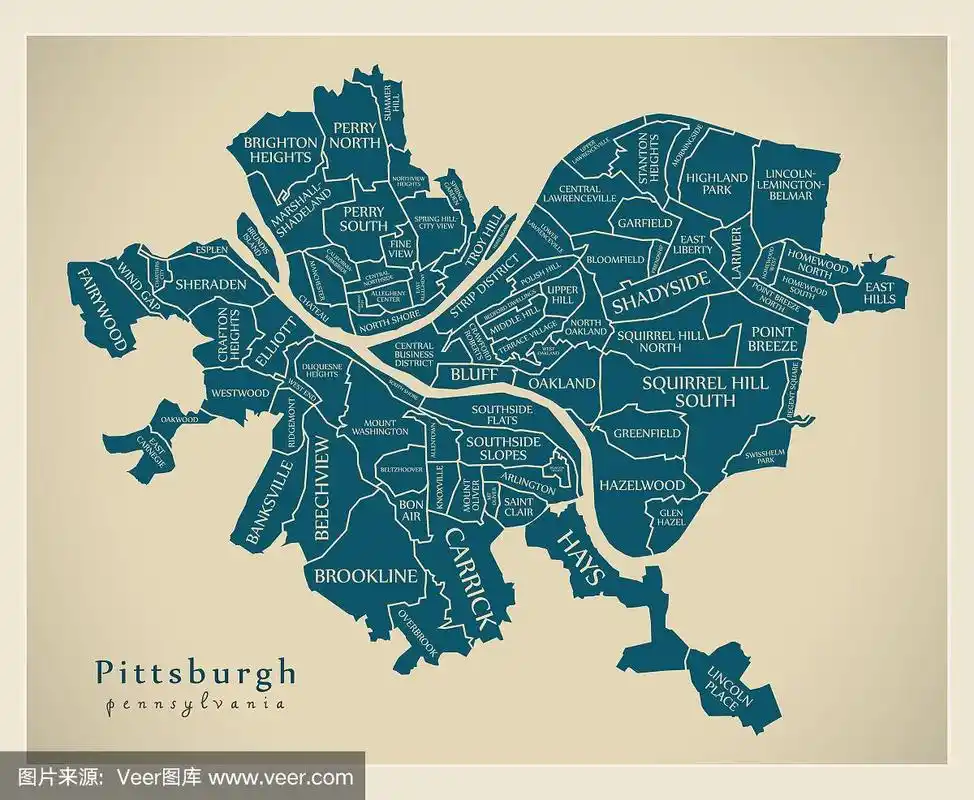 现代城市地图-匹兹堡美国宾夕法尼亚州城市,有邻居和名称
