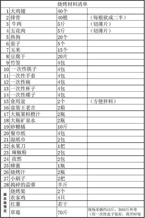 烧烤准备材料清单