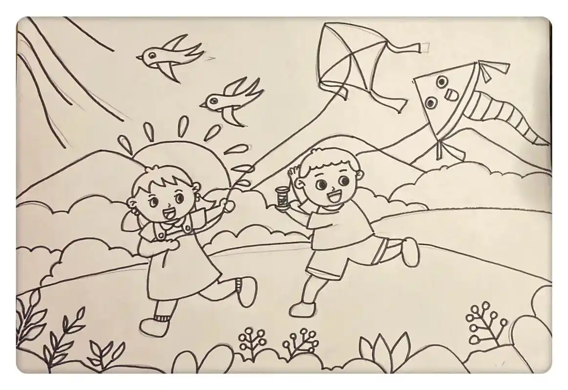 《放风筝儿童画》#2222一起学画画 #想画就画 #放风筝放风筝 - 抖