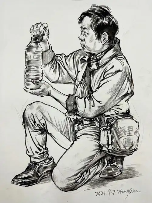 男中年蹲姿范画#美术生  #速写人物  #速写