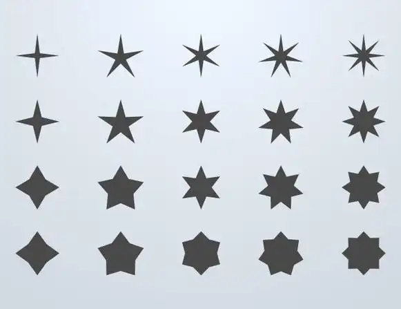 五个金色的星星,手绘闪闪发光的星星集合矢量插图金星弧路与灯光效果