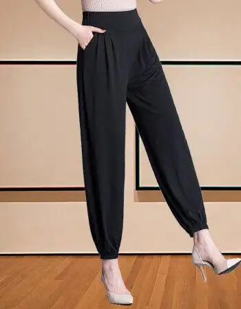 休闲裤女宽松中年夏季新款灯笼裤高腰大码九分哈伦裤女款黑色冰丝薄款