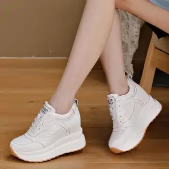 红星尔克内增高10cm女鞋小个子厚底松糕鞋真皮2024新款春秋百搭小白色