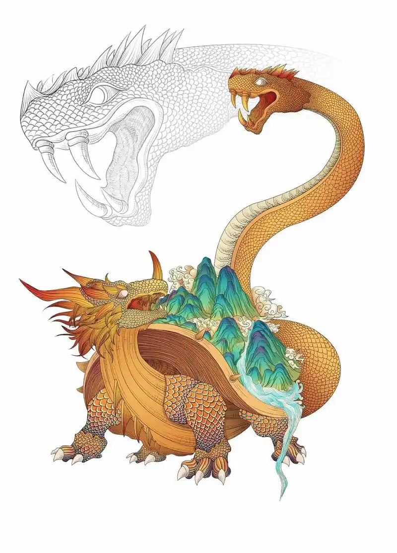 国潮神兽玄武插画步骤!冷暖结合,效果更容易出来 #插画  - 抖音