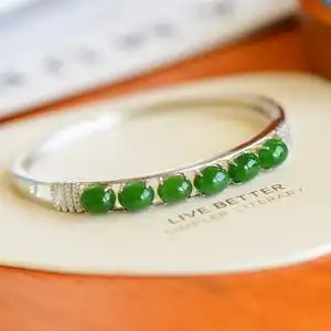 阿里拍卖捡漏s925银镶新疆和田玉碧玉蛋面时尚手镯玉镯女士款镯子