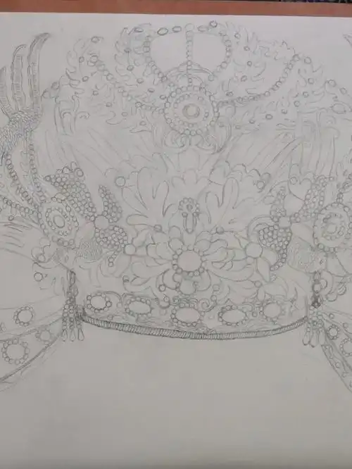 最近在画这个点翠的凤冠,没有白色和红色的颜料了,先发个线稿吧,颜料