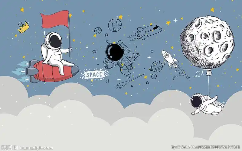 卡通太空人宇航员儿童房背景墙