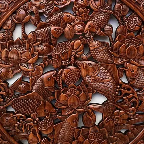 东阳木雕挂件实木木香樟木荷花鲤鱼九鱼玄光木雕