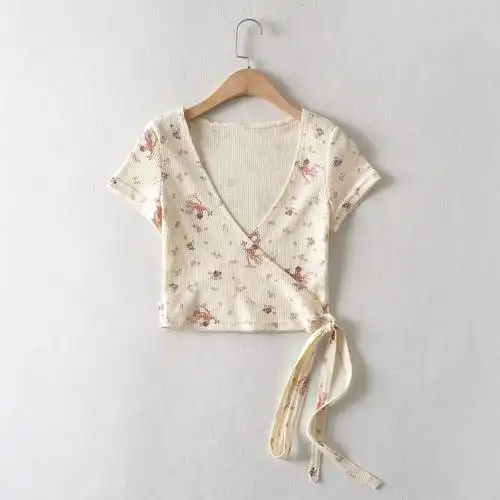 跨境2020夏季新款女装交叉一片式短袖t恤潮流v领裹身披肩上衣