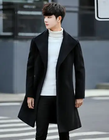 风衣外套2017冬季韩版修身毛呢大衣男中长款帅气学生加厚男装 黑色 m