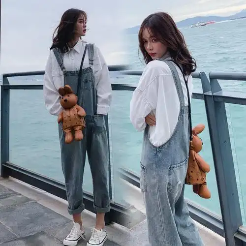 2019春季郑爽同款背带裤女宽松显瘦森系时尚流行百搭直筒牛仔裤潮