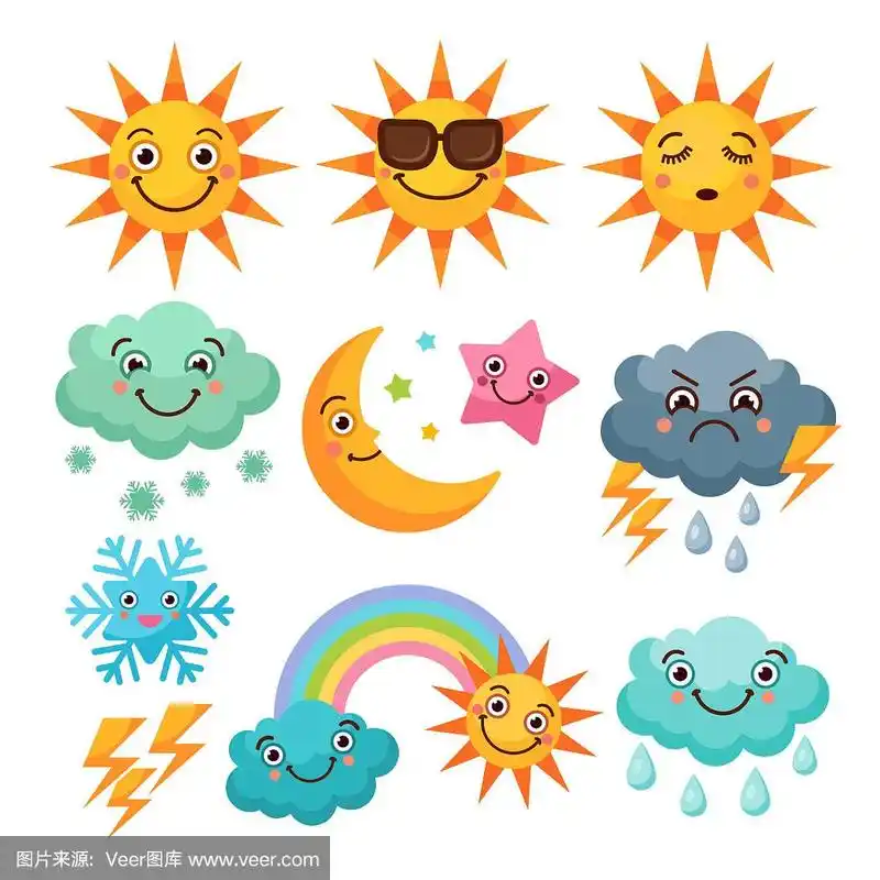 卡通天气图标集.有趣的图片孤立在白色背景上