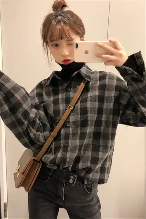 格子衬衫女复古港味外穿磨毛长袖衬衣外套短款内搭