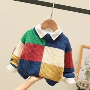 儿童毛衣针织衫加厚2022秋冬新款中小童婴儿拼色圆领套头上衣洋气