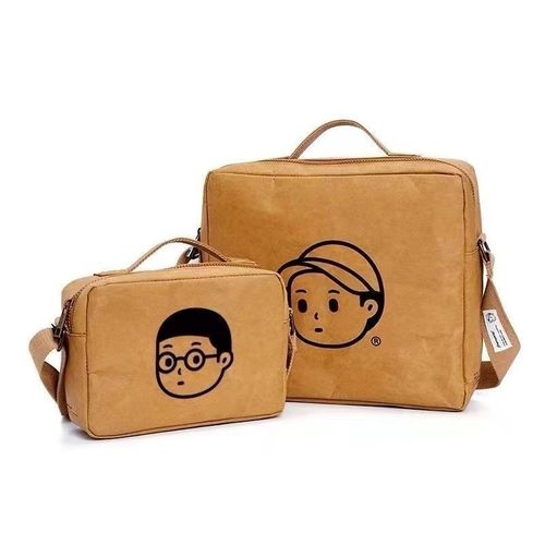 finebworld 可水洗牛皮纸包包复古男包情侣ins潮牌韩版手提斜挎包