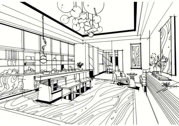 室内手绘茶室空间室内设计手绘线稿