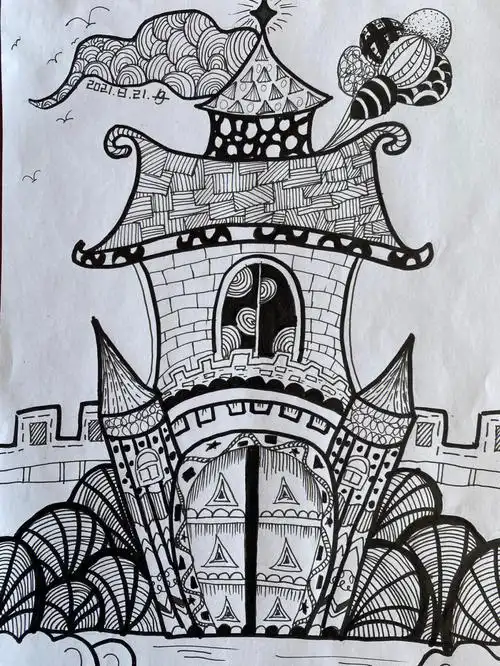 线描城堡黑白装饰画