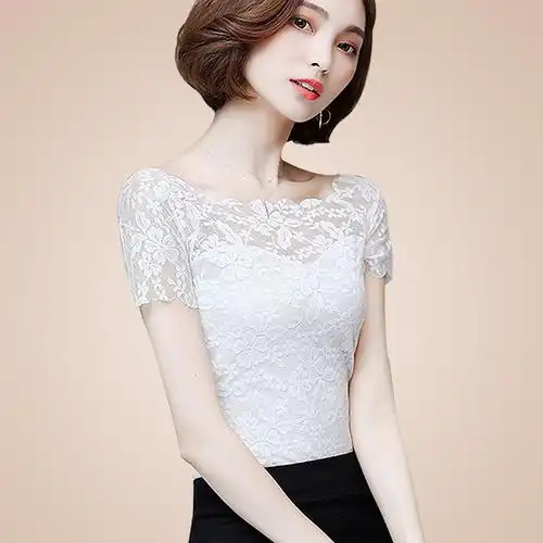 蕾丝打底衫女短袖2020夏季新款修身钩花镂空蕾丝衫