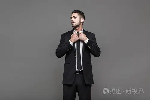 英俊优雅的男人,在灰色的背景上照片-正版商用图片1gnvqm-摄图新视界