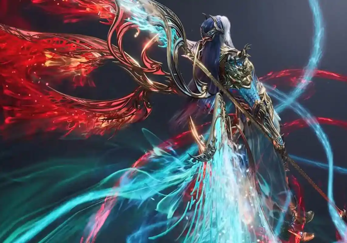 唐三双神共存神装造型,红蓝配色,手执两大神器,被染红的海神八翼有点