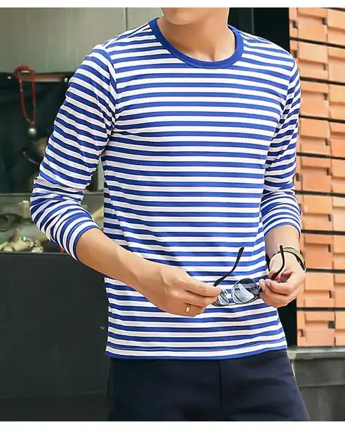 海军t恤海军衫长袖t恤男纯棉薄款秋衣水手服蓝白条纹百搭秋季打底