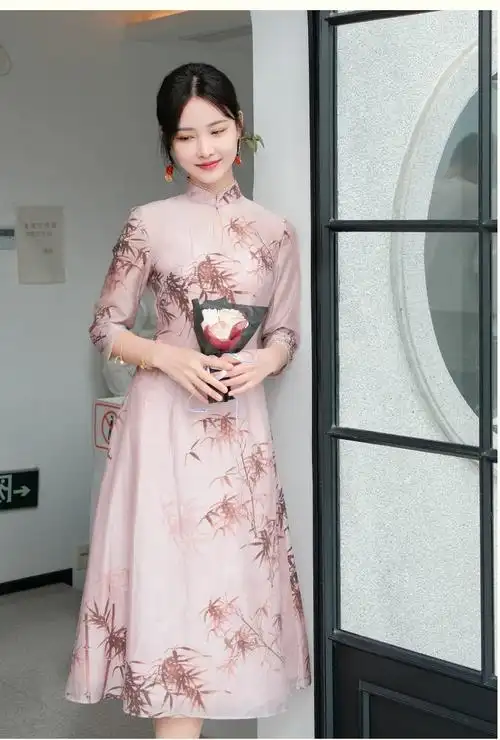 2024夏季新款棉感天丝水滴领a摆显瘦文艺豆沙色中长款旗袍裙 - 17网