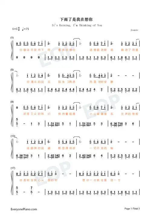 下雨了是我在想你简单版创造营2021第八期双手简谱预览1