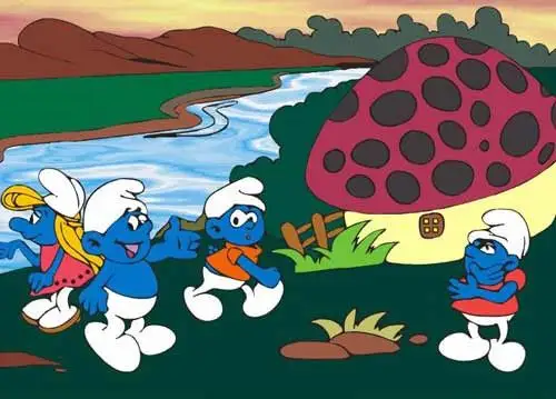 的特点,蓝精灵的皮肤都是湛蓝色,有着可爱的大脚,头上戴着弯弯的帽子