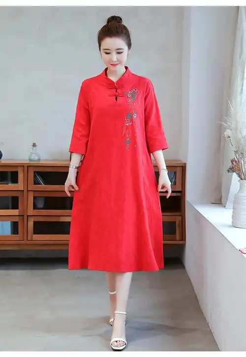 大码旗袍200斤大码改良的旗袍胖mm夏装加肥加棉麻连衣裙宽松文艺风