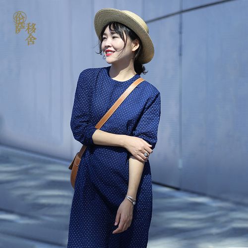 20春夏新原创女装经典款蓝色波点清新甜美休闲连衣裙配同色捆腰带【15